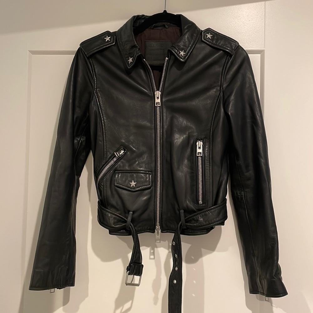 All Saints Black Leather Biker Jacket with Matte Silver Stars